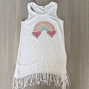 Kavio White Beach Cover Up Rainbow and Red Heart Rhinestones and Fringe bottom